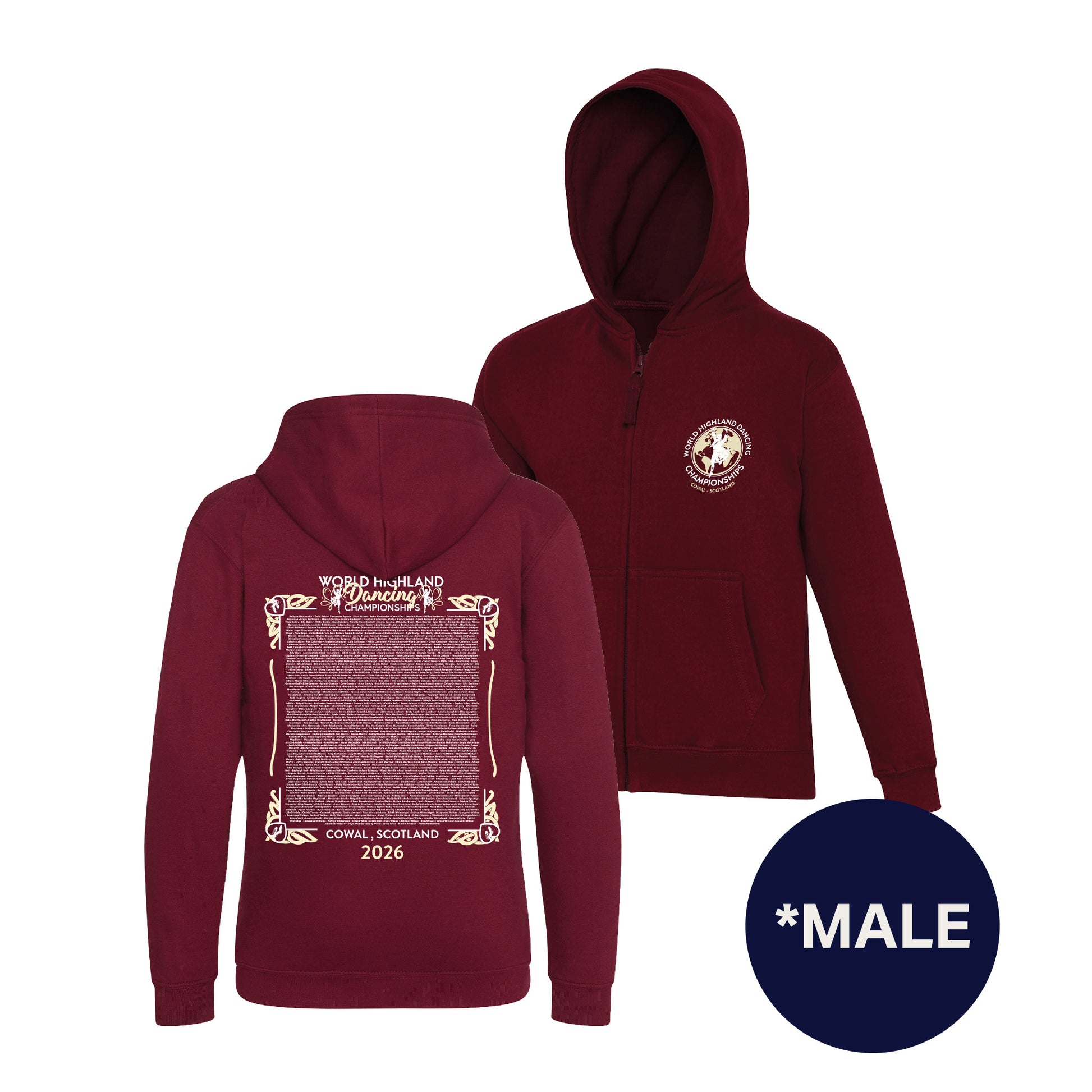 2026 Male WHDC Names Zipped Hoodie - Burgundy